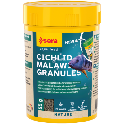 Recipiente amarelo de granulados para peixes cichlid malawi marca sera