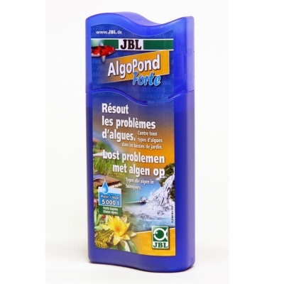 Embalagem azul de produto JBL AlgoPond Forte para tratamento de algas em lagoas