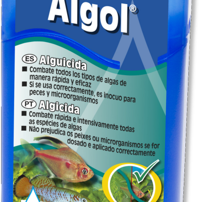 Frasco azul de Algicida JBL Algol para aquários de água doce, capacidade 400 litros.