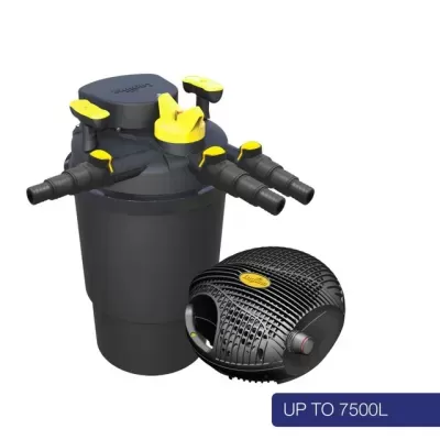 Filtro preto e bomba para piscina com detalhes amarelos e texto UP TO 7500L