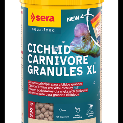 Frasco amarelo de alimento para peixes Cichlid Carnivore Granules XL da marca Sera.