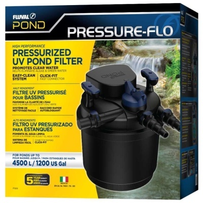 Caixa de filtro pressurizado UV para lagoas Fluval POND PRESSURE-FLO com imagem do produto e descrição multilingue