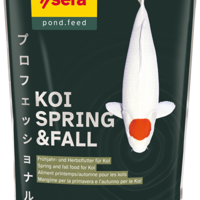Pacote de ração para carpas Koi Sera KOI SPRING & FALL com 500 g e imagem de carpa branca com mancha vermelha