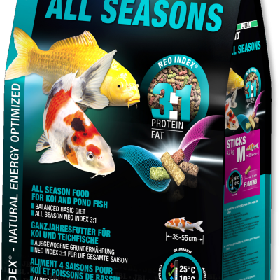 Embalagem de alimento para peixes JBL PRO POND ALL SEASONS com imagens de peixes koi e informações do produto