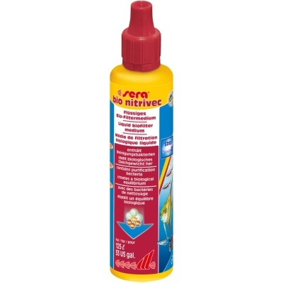 Frasco plastic amarelo com tampa vermelha e rótulo colorido para produto de filtragem biológica líquido para aquários