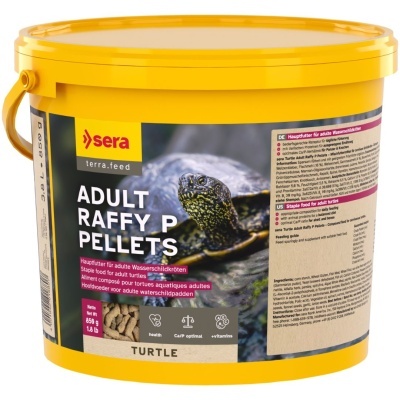 Embalagem amarela para alimento em pellets para tartarugas adultas com imagem de tartaruga