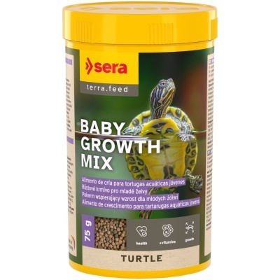 Frasco amarelo de alimento para tartarugas com rótulo BABY GROWTH MIX