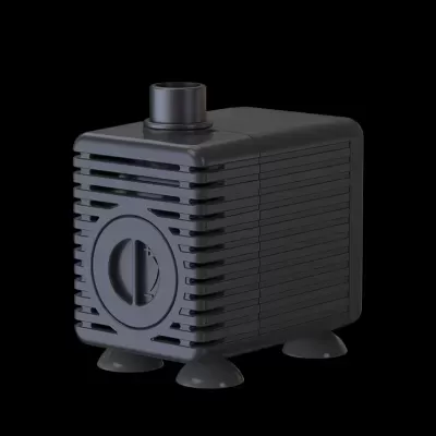 Bomba de água preta compacta com pés arredondados e saída no topo.