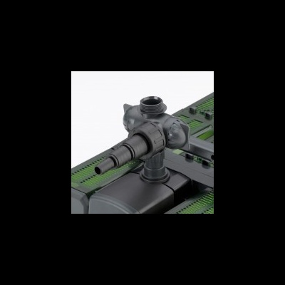 Componente plástico preto tubular roscado sobre base preta e verde com texturas.