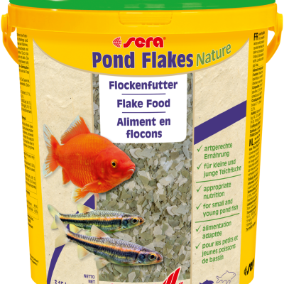 Baldes amarelo com tampa verde de alimento em flocos para peixes