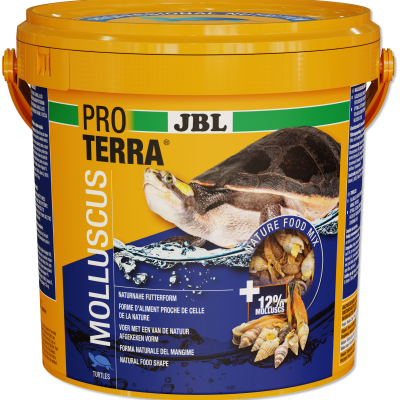 Embalagem amarela de alimento para tartarugas com imagens de moluscos e tartaruga