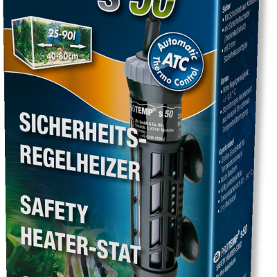 Embalagem de termóstato aquecedor JBL Pro Temp S 50 para aquários, azul e laranja, com texto multilíngue.