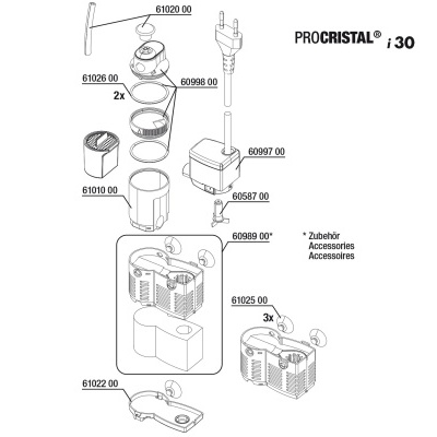Desenho técnico do filtro de aquário PROCRISTAL 30 com peças numeradas e acessórios.
