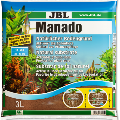 Embalagem de substrato natural para aquários JBL Manado com texto multilíngue e imagem de plantas aquáticas.