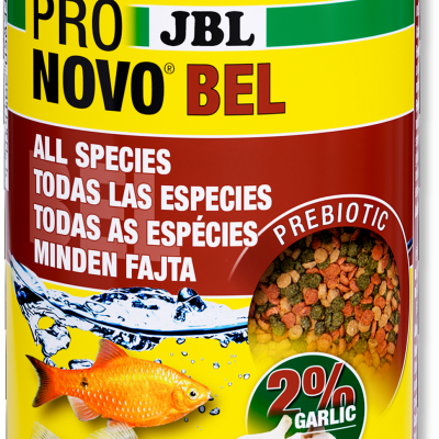 Embalagem amarela de ração para peixes JBL PRO NOVO BEL com imagens de peixes e alho