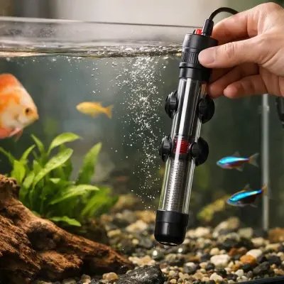 Termómetro submersível num aquário com peixes e plantas aquáticas