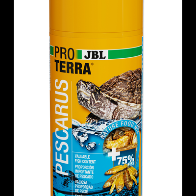 Recipiente amarelo de alimento para tartarugas JBL Pro Terra Pescarus com imagens e texto