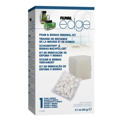 Kit de renovação Fluval Edge com espuma e biomax em embalagem azul e branca