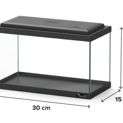 Aquário retangular de vidro com tampa e base preta e etiqueta Aquaterrário