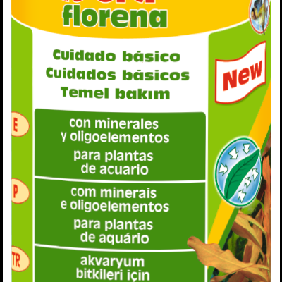 Frasco de produto para plantas de aquário 'sera florena' com tampa verde e rótulo amarelo e verde