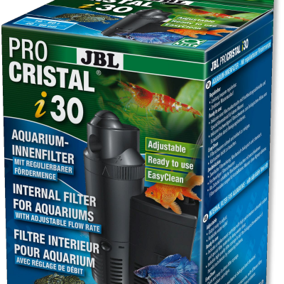 Embalagem do filtro interno JBL ProCristal i30 para aquários com texto e imagens de peixes