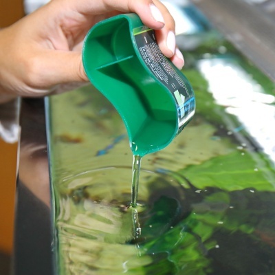 Recipiente medidor verde a despejar líquido translúcido em tanque de vidro