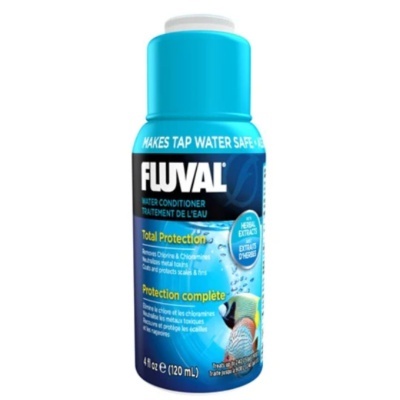 Frasco azul Fluval condicionador de água 120 mL com rótulo e texto em inglês e francês