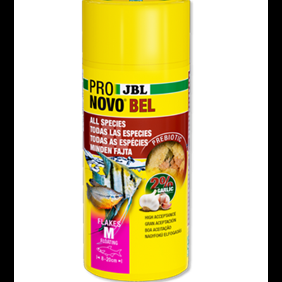 Embalagem amarela de alimento para peixes JBL Pro Novo Bel com imagens de peixes e texto multilingue.