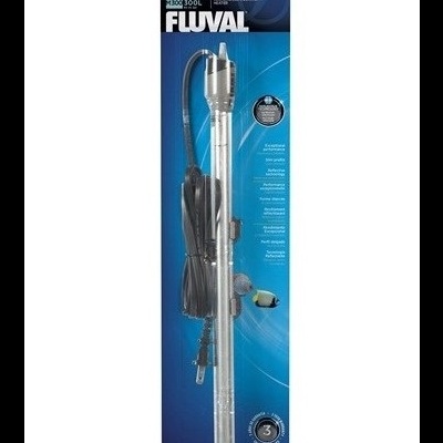 Aquecedor de aquário FLUVAL PRO 300 na embalagem azul com corpo metálico e cabo preto