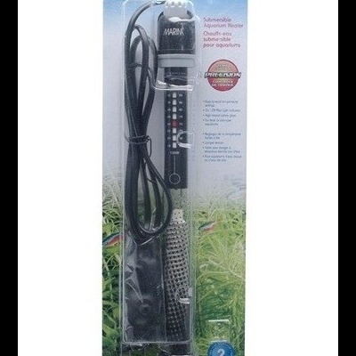 Aquecedor submersível para aquários MARINA 150W na embalagem com plantas aquáticas ao fundo