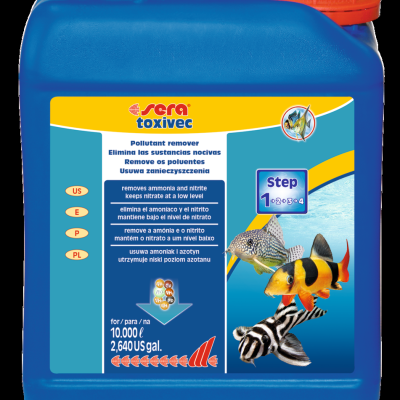 Recipiente azul com tampa laranja de produto para aquário com imagem de peixes coloridos e texto explicativo.