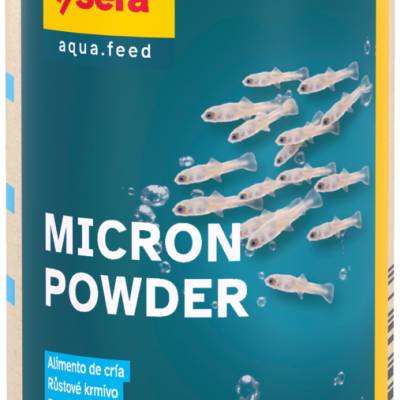 Frasco amarelo de alimento para peixes Micron Powder da marca Sera com rótulo azul e amarelo