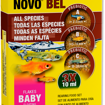 Embalagem de alimento para peixes JBL Pro Novo Bel Baby com texto multilíngue e imagens de peixes