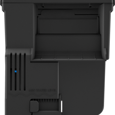 Recipiente plástico preto com peça azul e texto MIN WATER LEVEL.