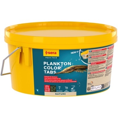 Balde amarelo com ração para peixes ornamentais sera PLANKTON COLOR TABS