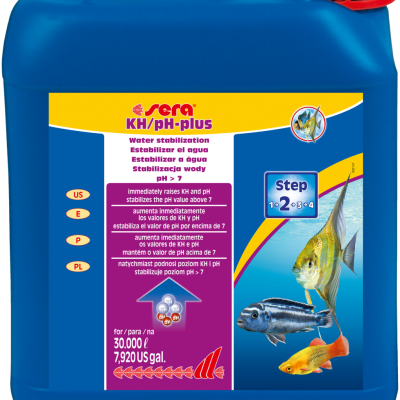 Recipiente plástico azul com tampa vermelha e etiqueta colorida de produto para aquários.