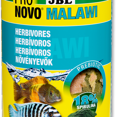 Embalagem amarela de alimento para peixes JBL Pro Novo Malawi herbívoros com imagens de peixes e espirulina