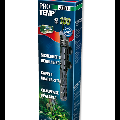 Embalagem azul de aquecedor para aquário JBL ProTemp S 100 com imagem do produto e plantas aquáticas.