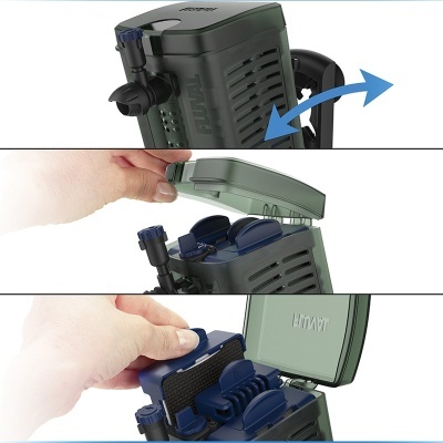 Filtro de aquário FLUVAL aberto em sequência mostrando partes internas e cartucho de filtro azul e preto.