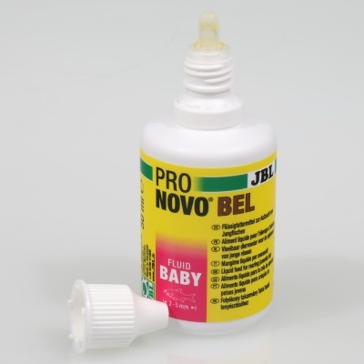 Frasco plástico branco com etiqueta amarela e rosa e tampa ao lado, texto PRO NOVO BEL e FLUID BABY