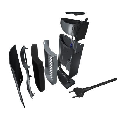 Partes desmontadas de um ferro de engomar elétrico em preto e cinza com cabo e ficha de alimentação