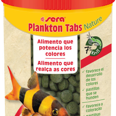 Embalagem de Sera Plankton Tabs Nature para alimentação de peixes, com pastilhas verdes visíveis e peixe colorido na frente.