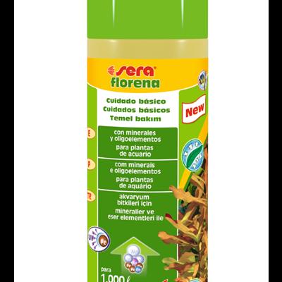 Frasco de cuidado básico para plantas de aquário Sera Florena com tampa verde e rótulo colorido