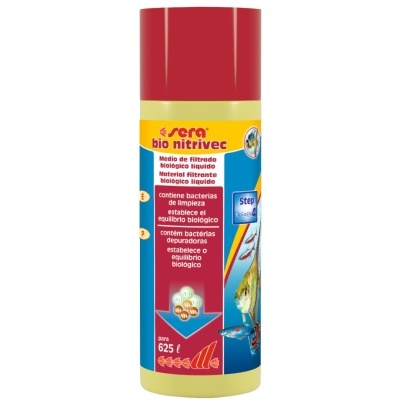 Frasco amarelo com tampa vermelha e rótulo azul e amarelo com texto e imagem de peixes