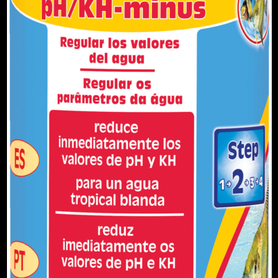 Frasco de produto Sera pH/KH-minus para aquários com tampa azul