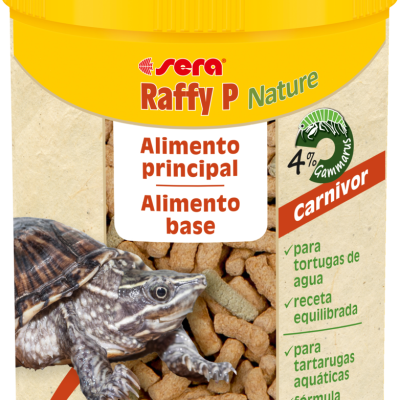 Embalagem de alimento para tartarugas aquáticas com rótulo amarelo e imagem de tartaruga