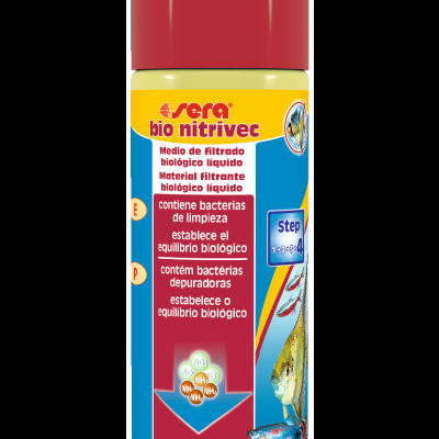 Frasco de líquido para filtragem biológica para aquários, com rótulo detalhado e imagem de peixes
