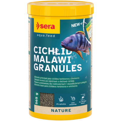 Recipiente de alimento para peixes Cichlid Malawi Granules da marca Sera com tampa amarela e rótulo azul