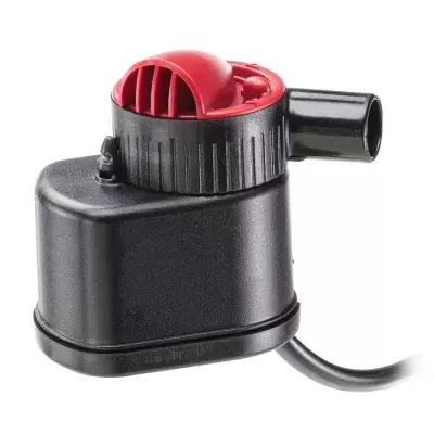 Bomba elétrica pequena preta com grelha vermelha e saída lateral preta