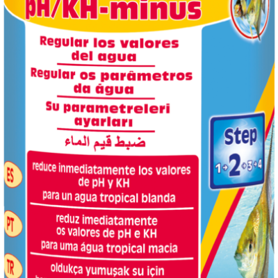 Frasco de líquido para pH/KH em aquários com rótulo colorido e peixes desenhados